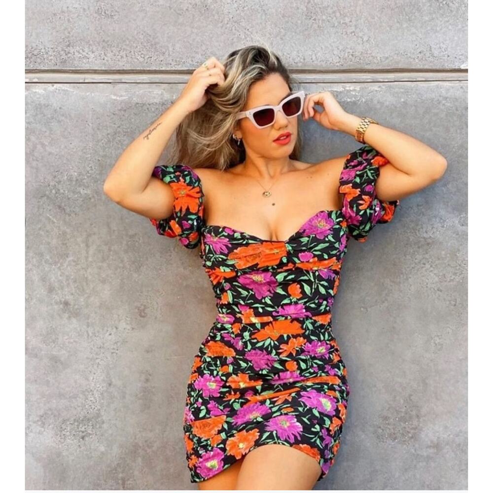 Zara Black Floral Puff Sleeve Ruched Bodycon Midi Dress‎ Sweetheart Neck XS